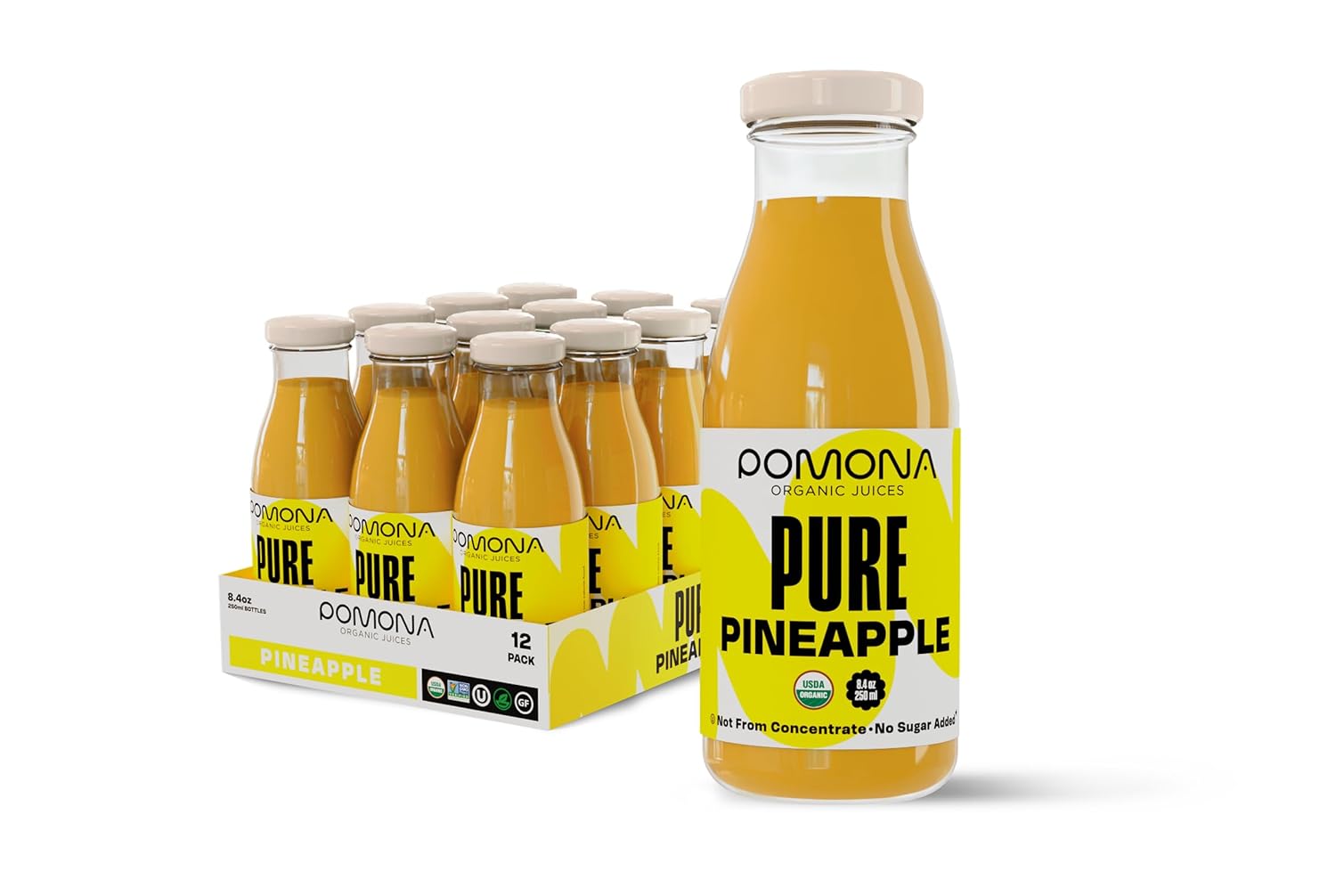 Pomona Organic Pure Pineapple Juice 8.4oz Bottles (12 Pack) - Cold Pressed, No Sugar Added, Non-GMO, Kosher, Gluten-Free