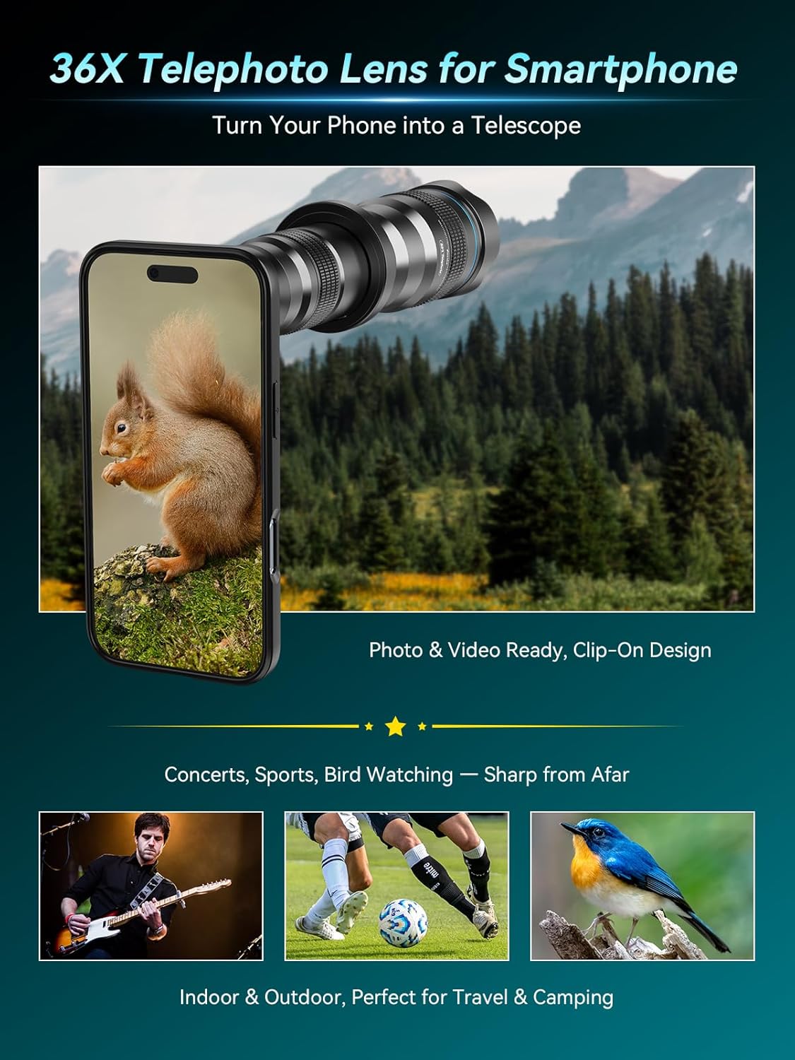 APEXEL 36x Telephoto Lens Compatible with iPhone Air | Photography for Travel, Birdwatching, Exploration | Kit with Sturdy Metal Tripod and Threaded Phone Case
