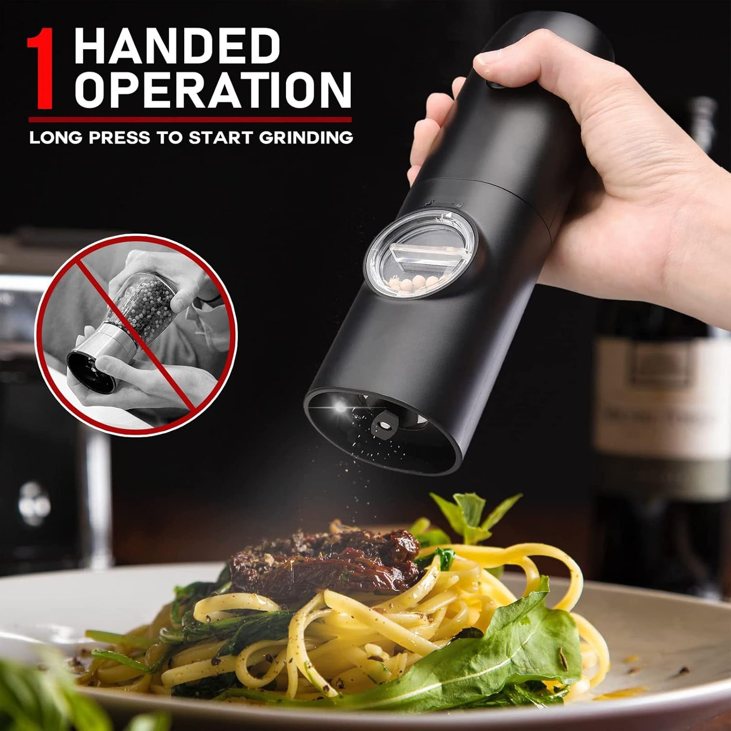 Topyond Electric Salt and Pepper Grinding Set with USB Charging Model with Adjustable Coarseness and LED Light, Rechargeable Automatic Pepper Mill Grinder (Black)