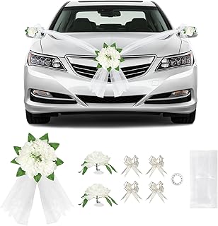 Auto Hochzeitsschmuck, Hochzeit Auto Dekoration Set mit 1x Blumen Autofront- 1x 4,7m Tüllstreifen und 2x Rückspiegelblumen- 4x Schleifen-Dekoband usw. für Meisten Automodelle, Hochzeit Party