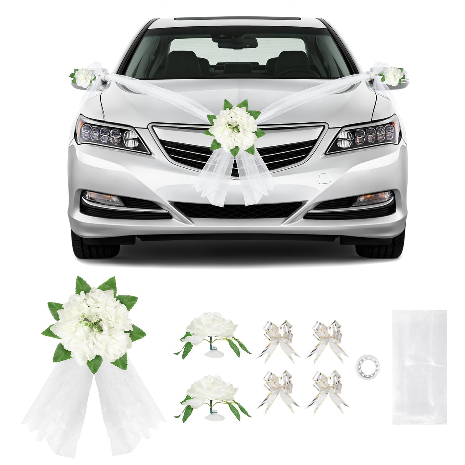 Decorazione Auto Matrimonio, Set con 1 Fiore per Paraurti Anteriore, 1 Nastro di Tulle (4,7m), 2 Fiori per Specchietti, 4 Nastri Decorativi, ecc. – Adatto alla Maggior Parte dei Modelli