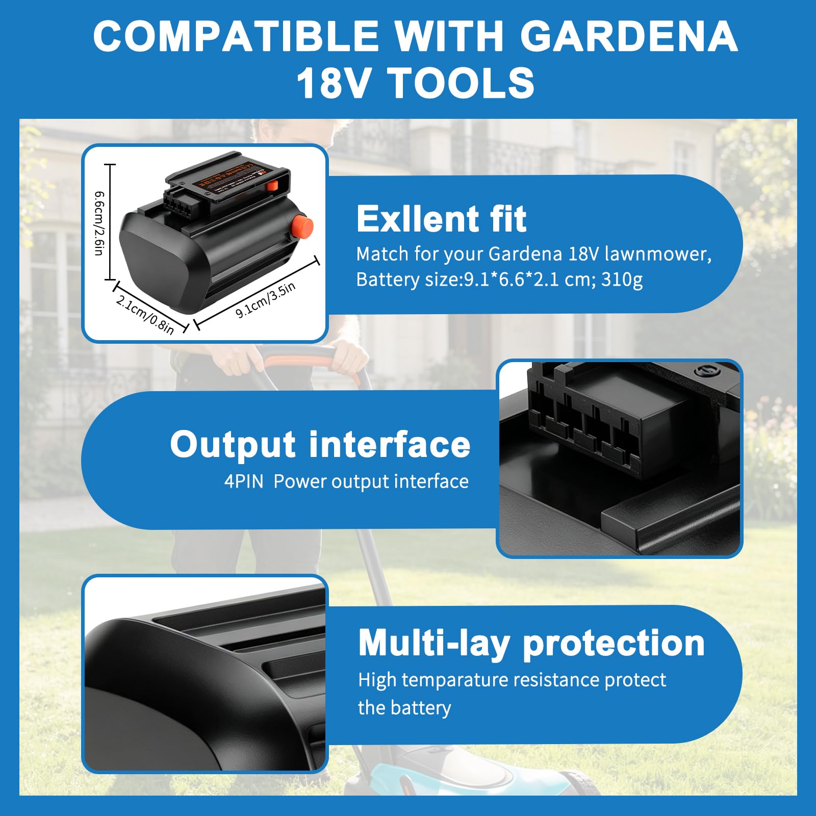 Batería de Repuesto 18V 4.0Ah para Gardena BLi-18 9840-20 9839-20, Compatible con Las Herramientas Gardena del Sistema Li-Ion Li-18, Compatible con Gardena 18 V Li-Ion 8833-28 y 8832-20