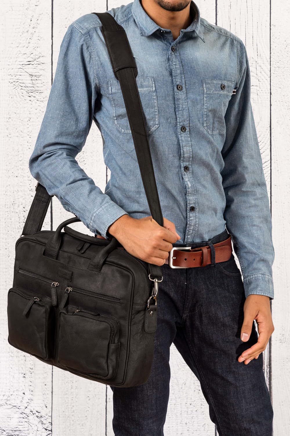 LEABAGS Bolso para hombres y mujeres | Bolsa portátil de cuero genuino 15" | Bolso bandolera con correa | Bolso de hombro | Bolsa mensajera | Bolsa de trabajo | Bolsa de profesor