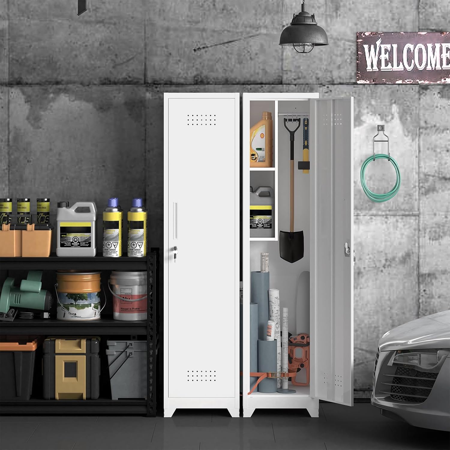 Metal Garage Storage Cabinet,Broom Closet Storage Cabinet,Utility Closet Cabinet for Broom,Garage,Kichen,White
