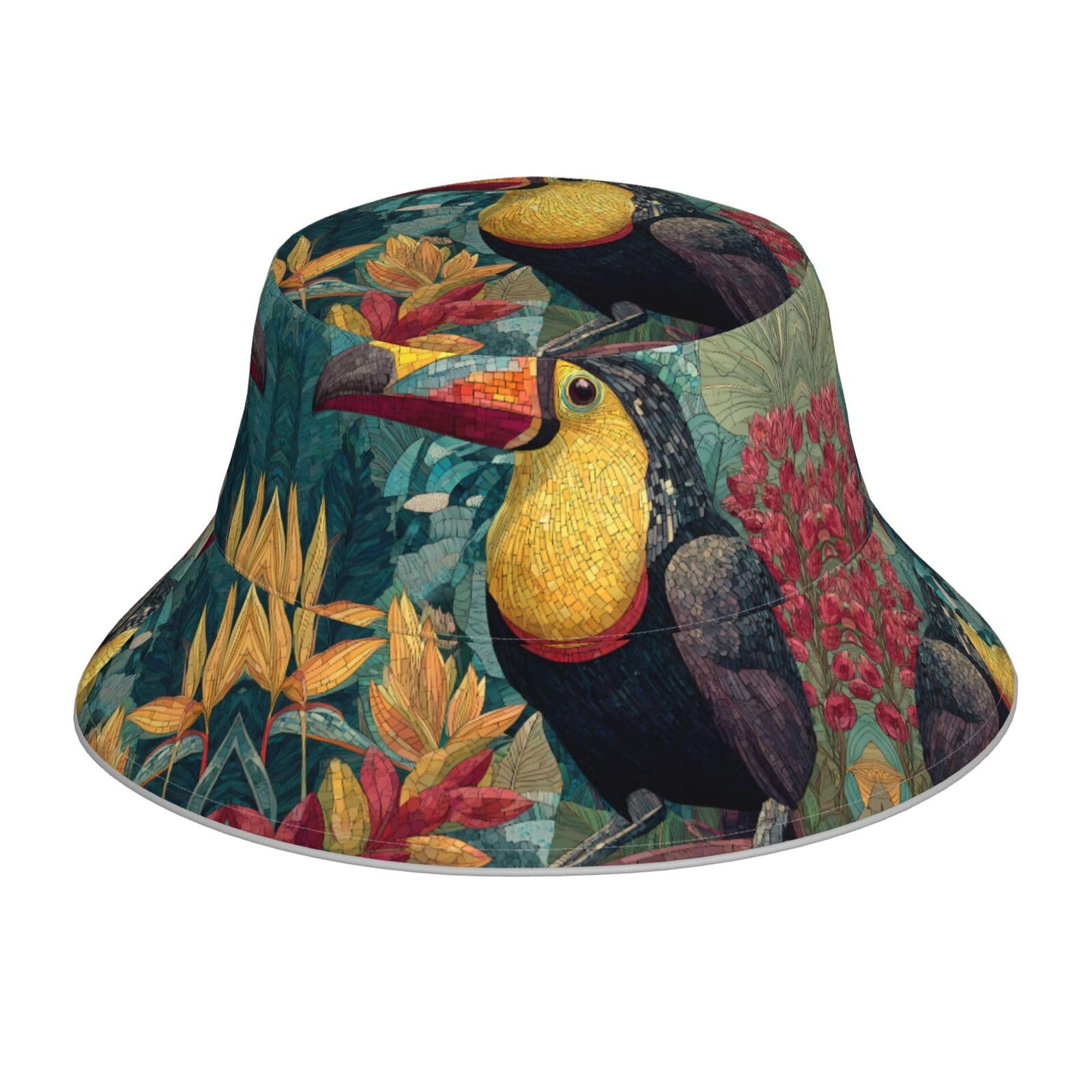 Vvxbhgr Men's Black Reflective Double-Sided Bucket Hat Tropical Toucan Prints Foldable For Beach, Camping