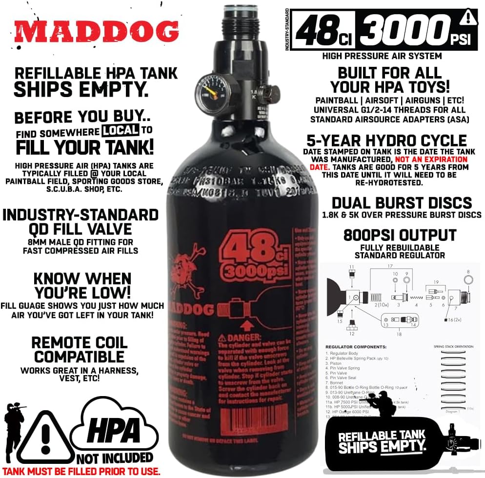 Maddog Aluminum Compressed Air HPA Paintball Tank with Regulator - Airgun Airsoft PCP - Fresh Hydro Date - Ships Empty - Single - Refillable