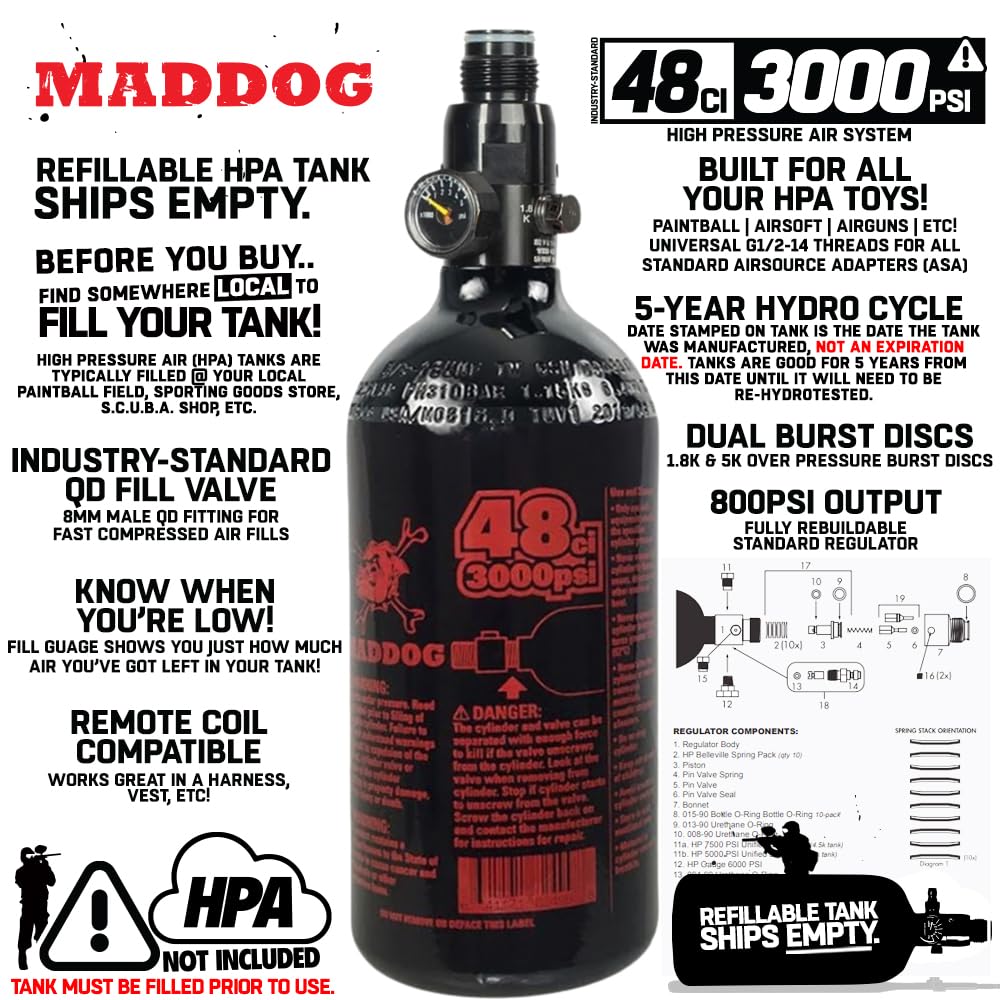 Maddog 48/3000 Aluminium Druckluft HPA Paintball Tank mit Regler – Airgun Airsoft PCP – Fresh Hydro Date – Lieferung leer