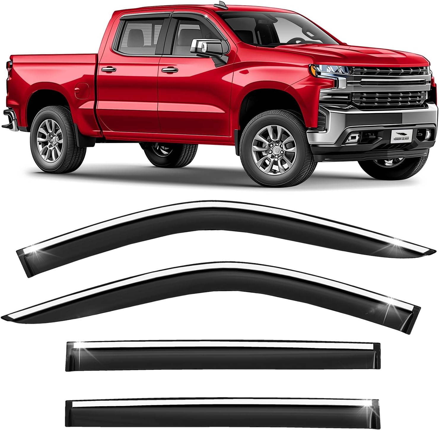 Voron Glass Chrome Trim Tape-on Extra Durable Rain Guards for Chevrolet (Chevy) Silverado 1500,2500,3500 2019-2026 Crew Cab, Window Deflectors, Vent Window Visors, 4 Pieces - 100486