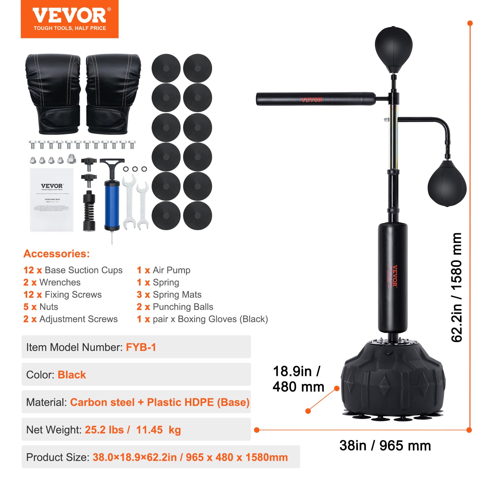 VEVOR Entraîneur de Vitesse de Boxe, avec Support, Sac de Boxe réflexe pour Adolescents et Adultes, Sac de Frappe sur Pied réglable en Hauteur avec Gants, pour entraînement de Gym à Domicile, Noir