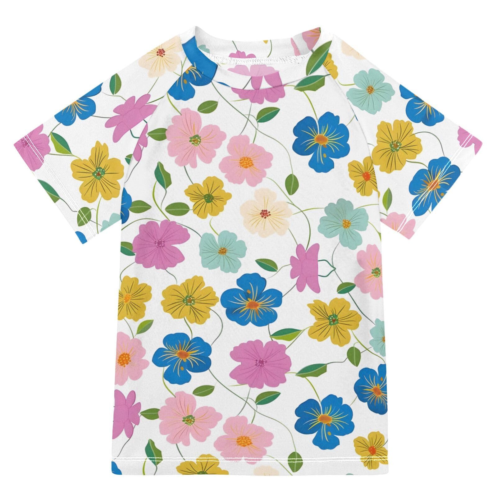 ALAZA Kids Rash Guard Boys Toddler Swim Shirts Short Sleeve Pink Blue Flower UPF 50+ 3T