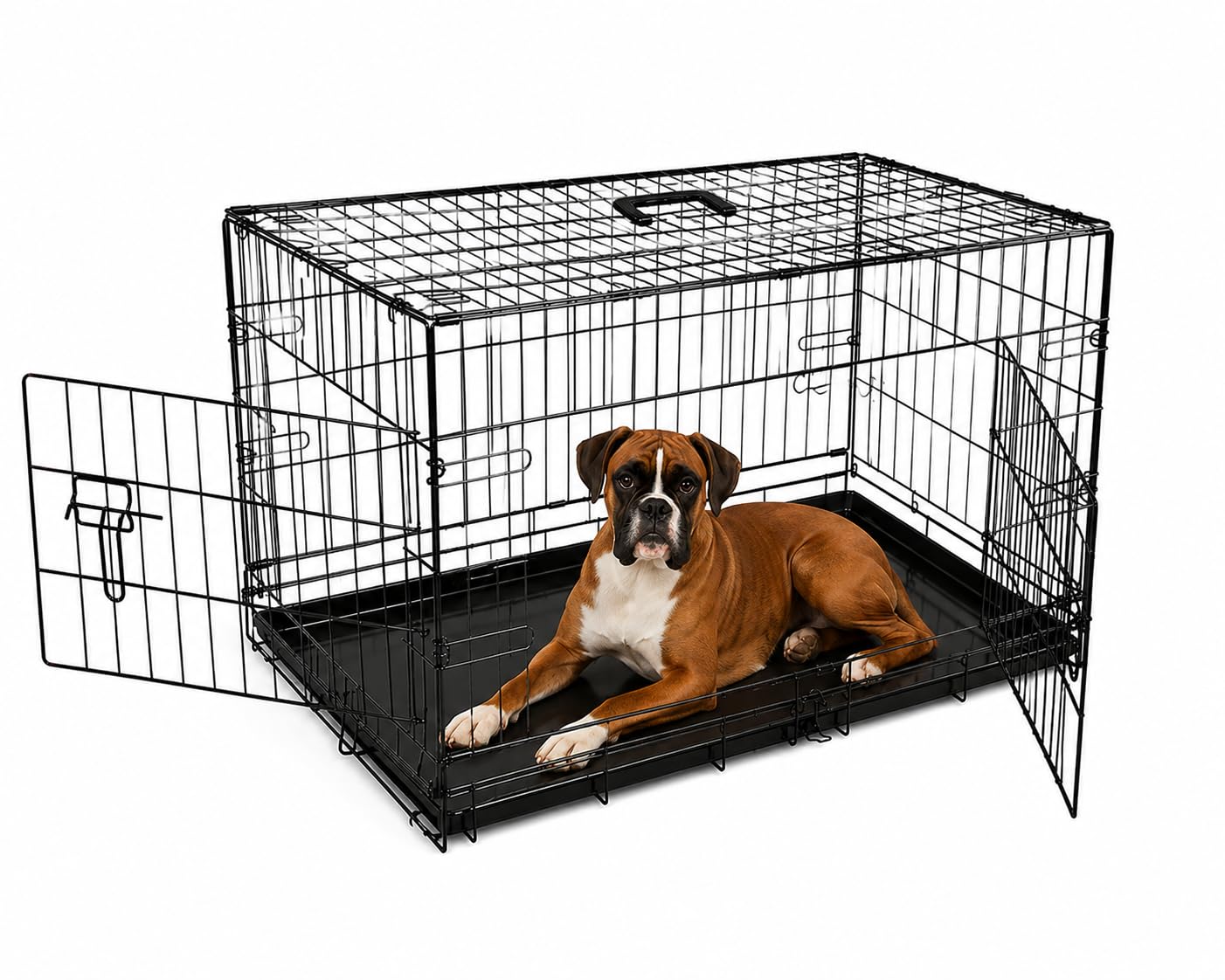 UNDERDOG Metal Dog Crate/Cage β Pet Black Metal Folding Cage with 2 Doors Sliding Chew Resistant Plastic Base Tray Heavy Duty Puppy Training Solution (42" X-Large, Dog Crate)