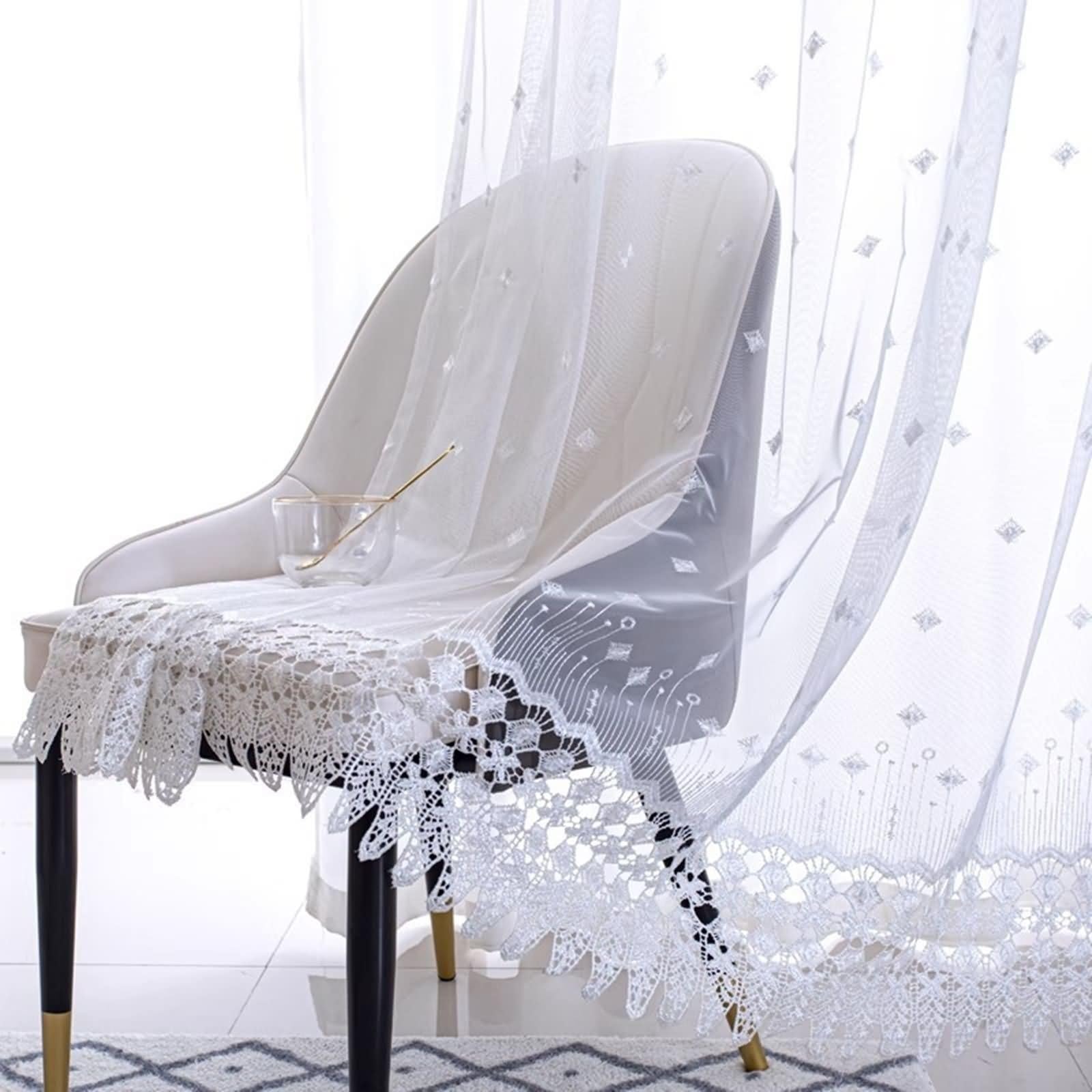 Küchengardinen Durchsichtig, Küchengardine Transparent Beige Weiß Spitzen Stickmuster Polyester Baumwolle 2er Set 96W x 138L cm