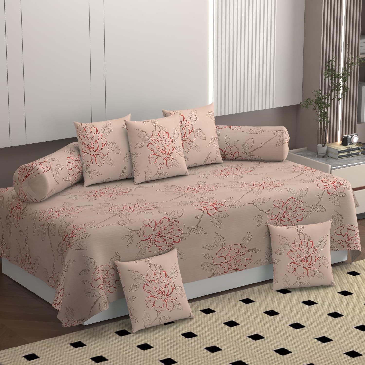 Diwan Set Bedsheet | Printed Diwan Bedsheet Sets 100% Microfibe for Living Room Hall | Printed Diwan Set of 8 Pieces | 1 Single Bed Sheet with 5 Cushion,2 Bolster Covers (Pink)-image-35