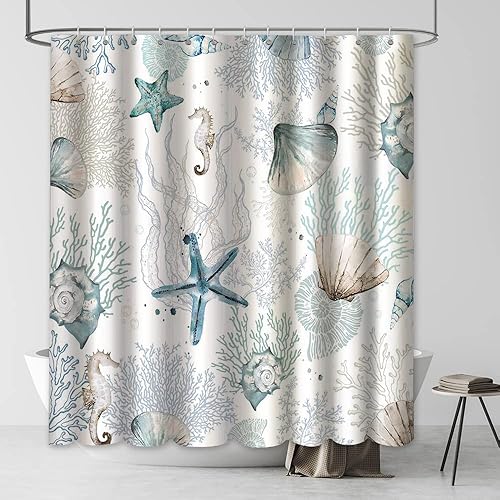 MEHOFOND Cortina de ducha con temática de estrellas de mar y conchas marinas para baño, estilo costal, fondo blanco o marfil, accesorios