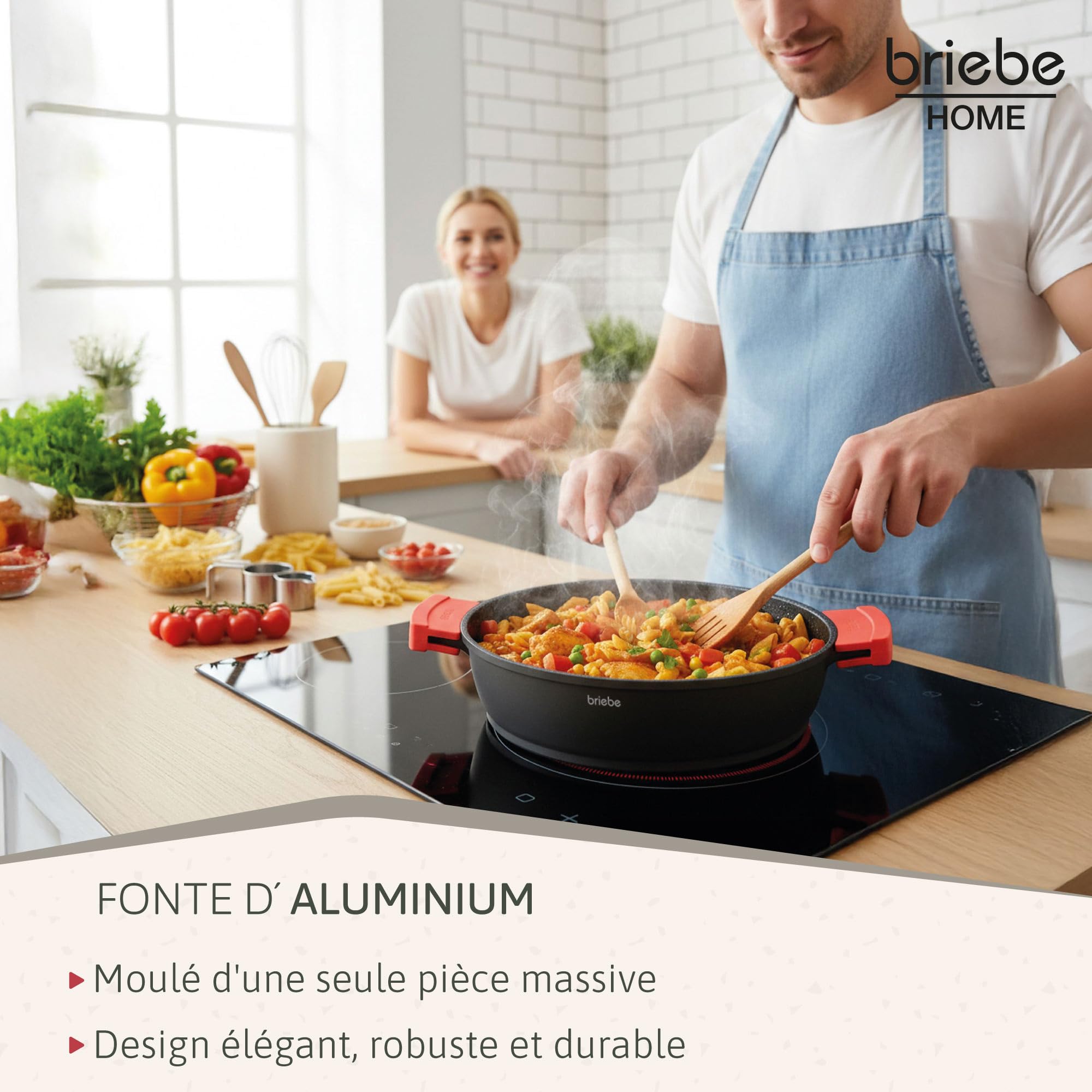 briebe Black Titanium Faitout Basse Induction Antiadhésif Titane, Casserole 24cm, Fonte d'Aluminium, Revêtement sans PFOA, Couvercle en Verre, Poignées Silicone, Vitrocéramique, Gaz, Four