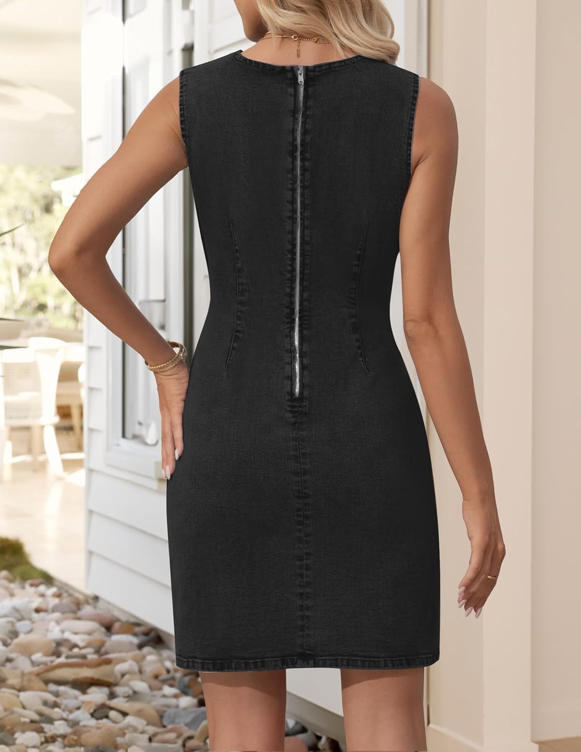 NENONA Women's Summer Sleeveless Denim Dress Casual Crew Neck Stretchy Mini Jean Dresses Cowboy Chic Outfits - Image 3