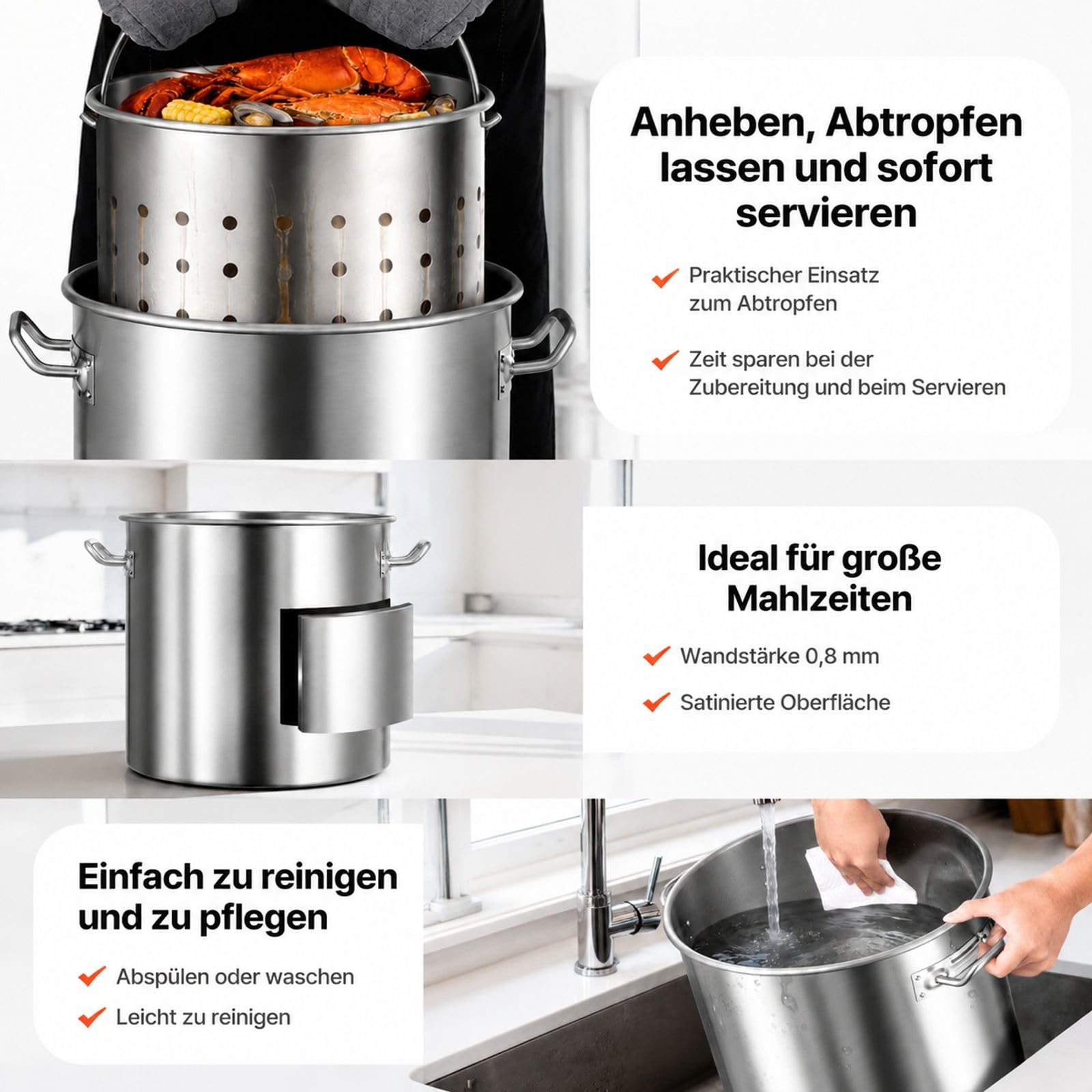 Edelstahl Kochtopf mit Deckel, Griffen und Siebeinsatz, für Küche, Restaurant und Veranstaltungen