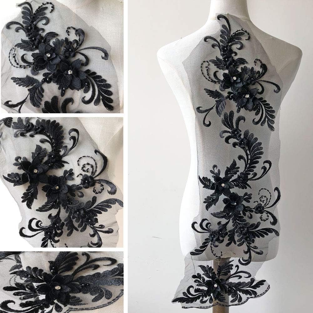 3D Beaded Flower Embroidery Lace Patch Applique Crystal Sewing Lace Motif for Dance Costumes Ballgown (Black)