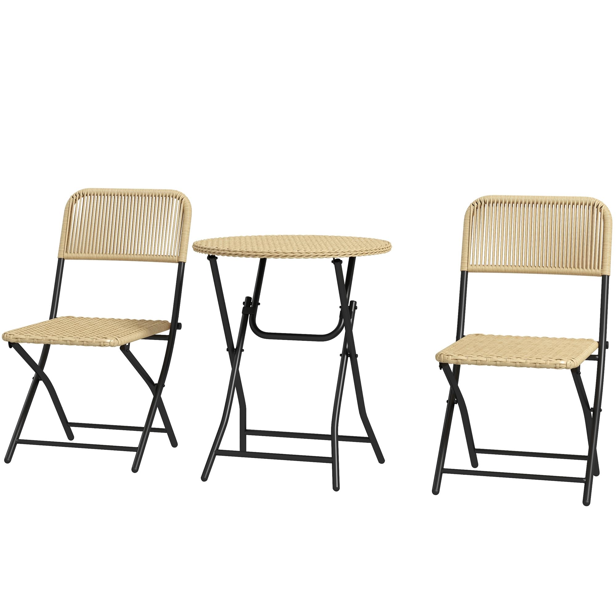 Outsunny Conjunto de Mesa y Sillas de Jardín Exterior de Ratán Plegable Juego de 3 Piezas Muebles de Jardín con 2 Sillas y 1 Mesa de Centro Redonda para Terraza Césped Balcón Natural