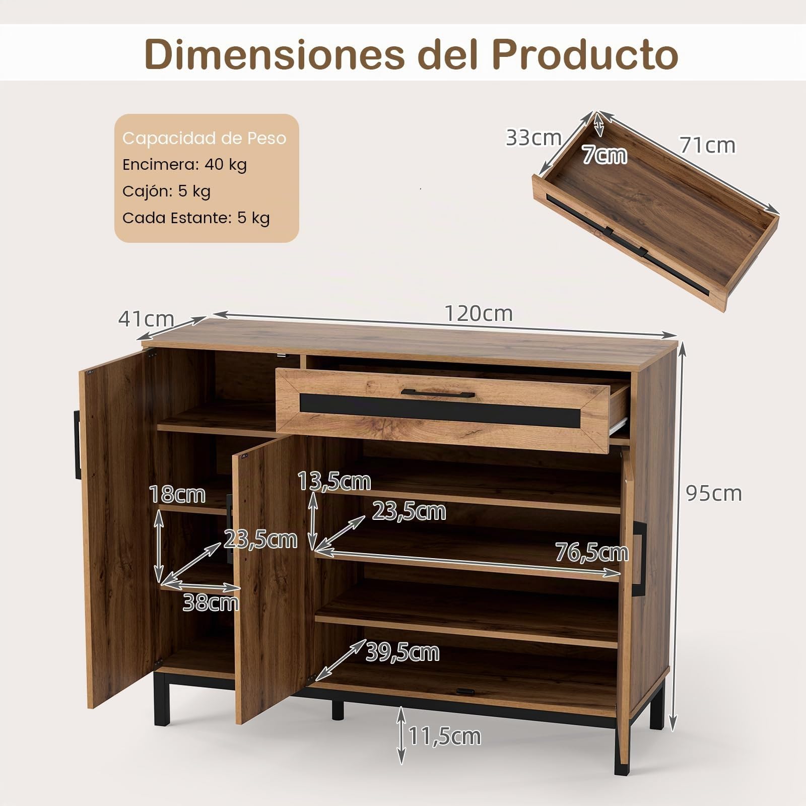 COSTWAY Aparador Buffet, Aparador Cocina con Cajón, 3 Puertas y Estantes Extraíbles, Mueble Auxiliar para Salón, Cocina, Recibidor y Entrada, 120 x 41 x 95 cm, Natural + Negro