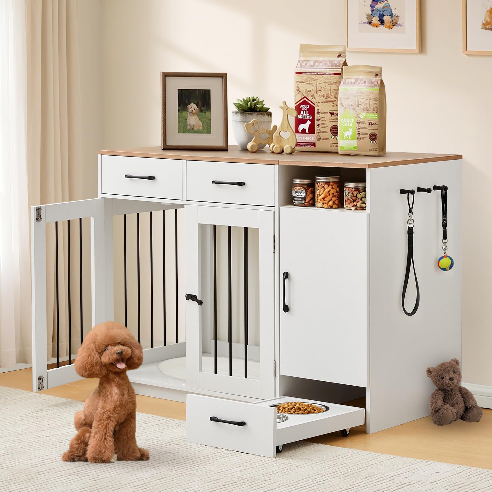 TUKAILAi Dog Crate Furniture Style with Pet Feeder Station, Heavy Duty Pet Kennel Pen House with Drawer Storage, Indoor Dog Cage with Raised Bowls for Small Medium Pets (Small)