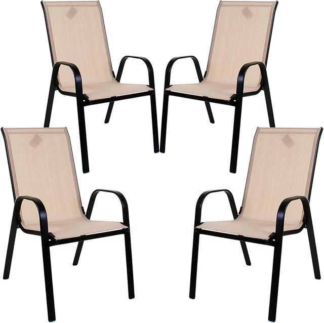 Marko Outdoor Stacking Textoline Chair Black Outdoor Bistro High Back Seating Restaurant Cafe (4 Chairs, Cream)