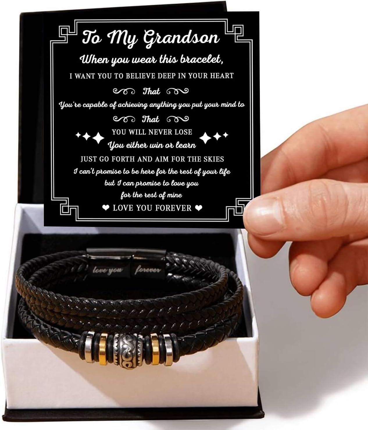 To My Grandson – Braided Leather Bracelet with Love You Forever Message, Thoughtful Gift from Grandpa & Grandma with Elegant Gift Box – Ideal for Birthday, Graduation, Christmas For Grandson