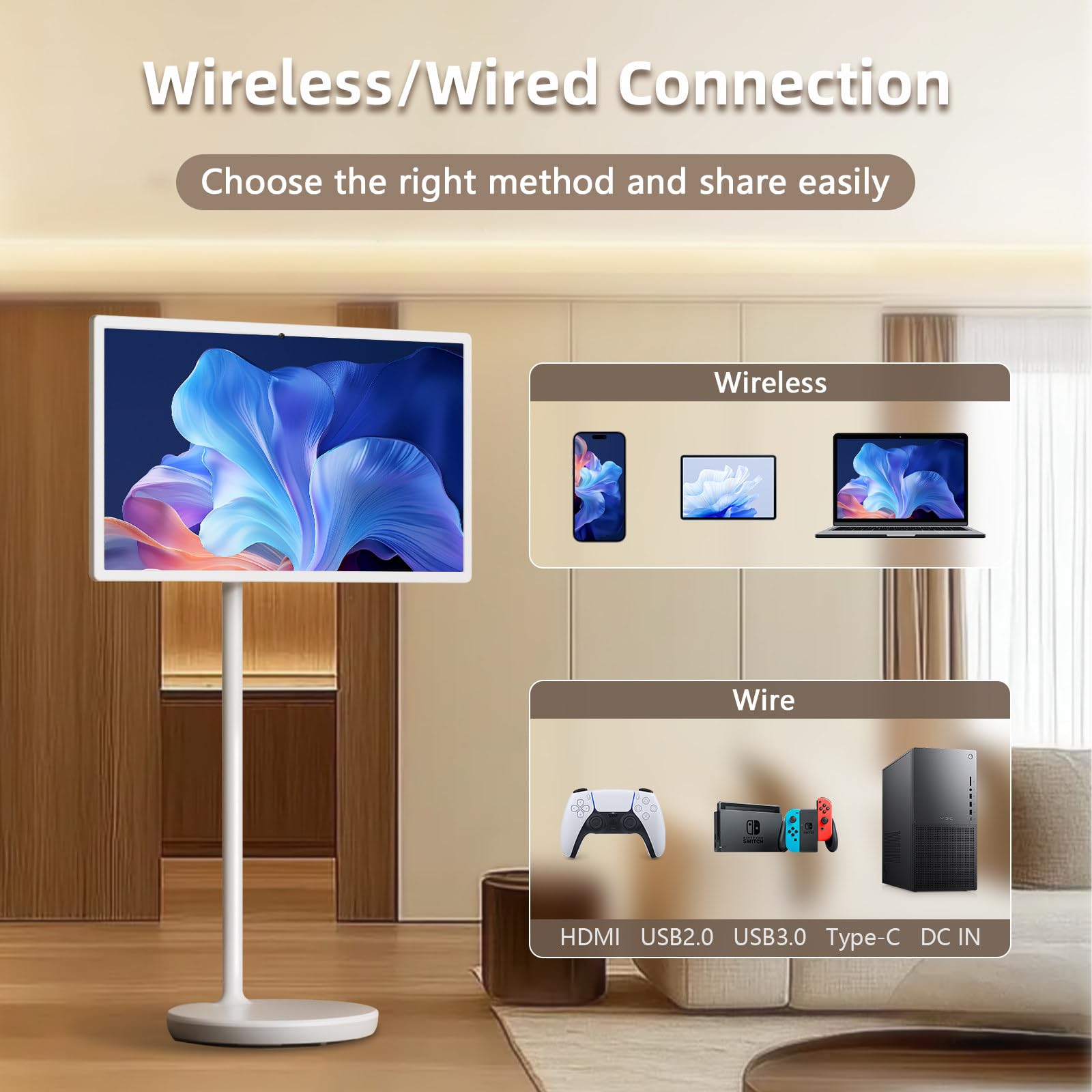 TV Portatile con Ruote,Supporto su Palo e Fotocamera Integrata da 13 MP,Display Touch Mobile,6G+128G,Batteria 8000 Integrata, per Streaming Live,Intrattenimento Domestico 22inch
