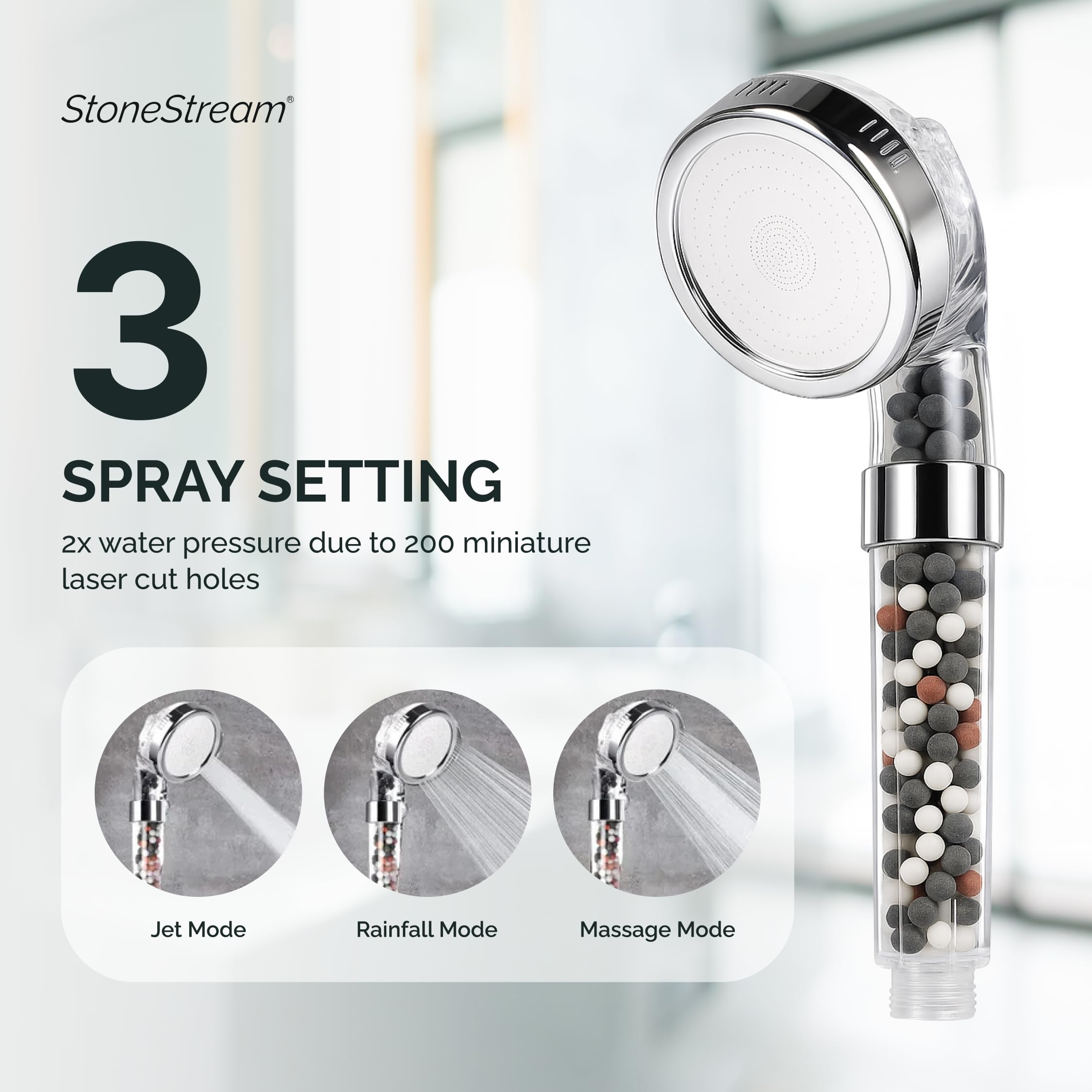 StoneStream® Filtro de cabezal de ducha eléctrico con manguera y piedras de repuesto para ablandador de agua dura, cabezal de ducha de alta presión, cuenta icónica similar al spa para piel y cabello