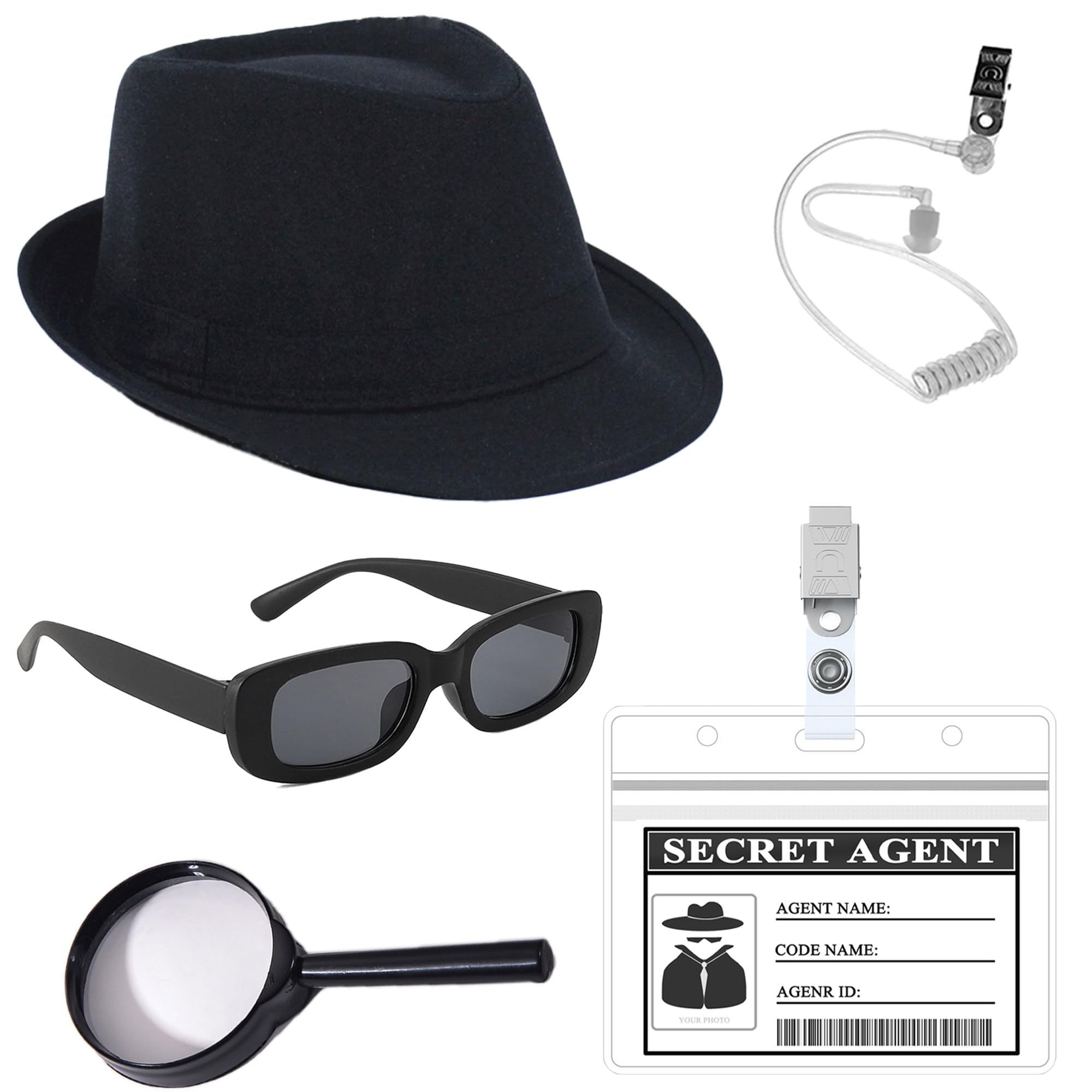 5 Pcs Detective Costume Set Secret Agent Cosplay Outfit Accessories Kit Includes Detective Hat Sunglasses Earpiece Magnifying Glass