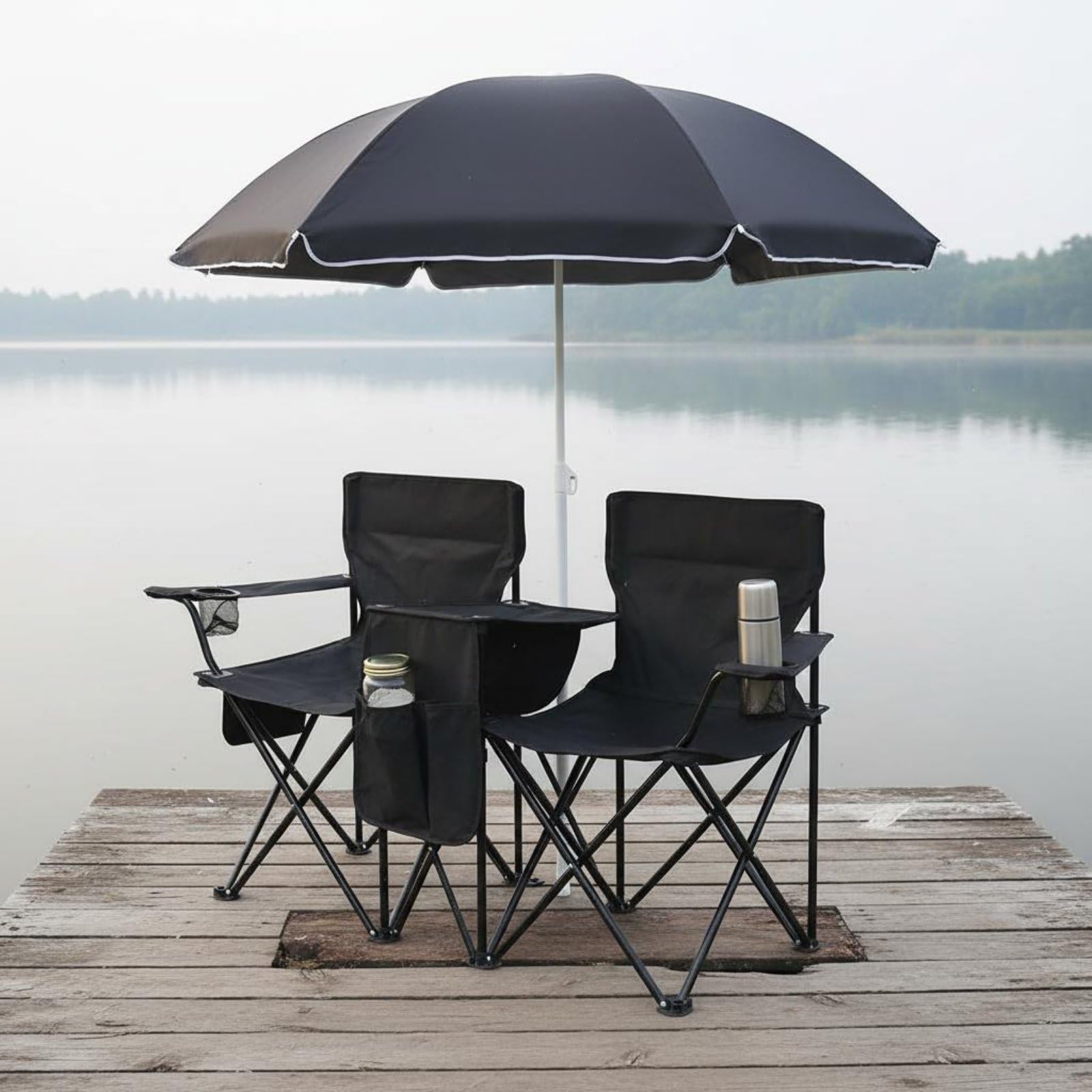 Doppelsitz Campingstuhl Klappstuhl Strandstuhl Liegesessel mit Sonnenschutz Kühlfach Halterungen Seitentaschen Starke Konstruktion Schnell Faltbar, Schwarz