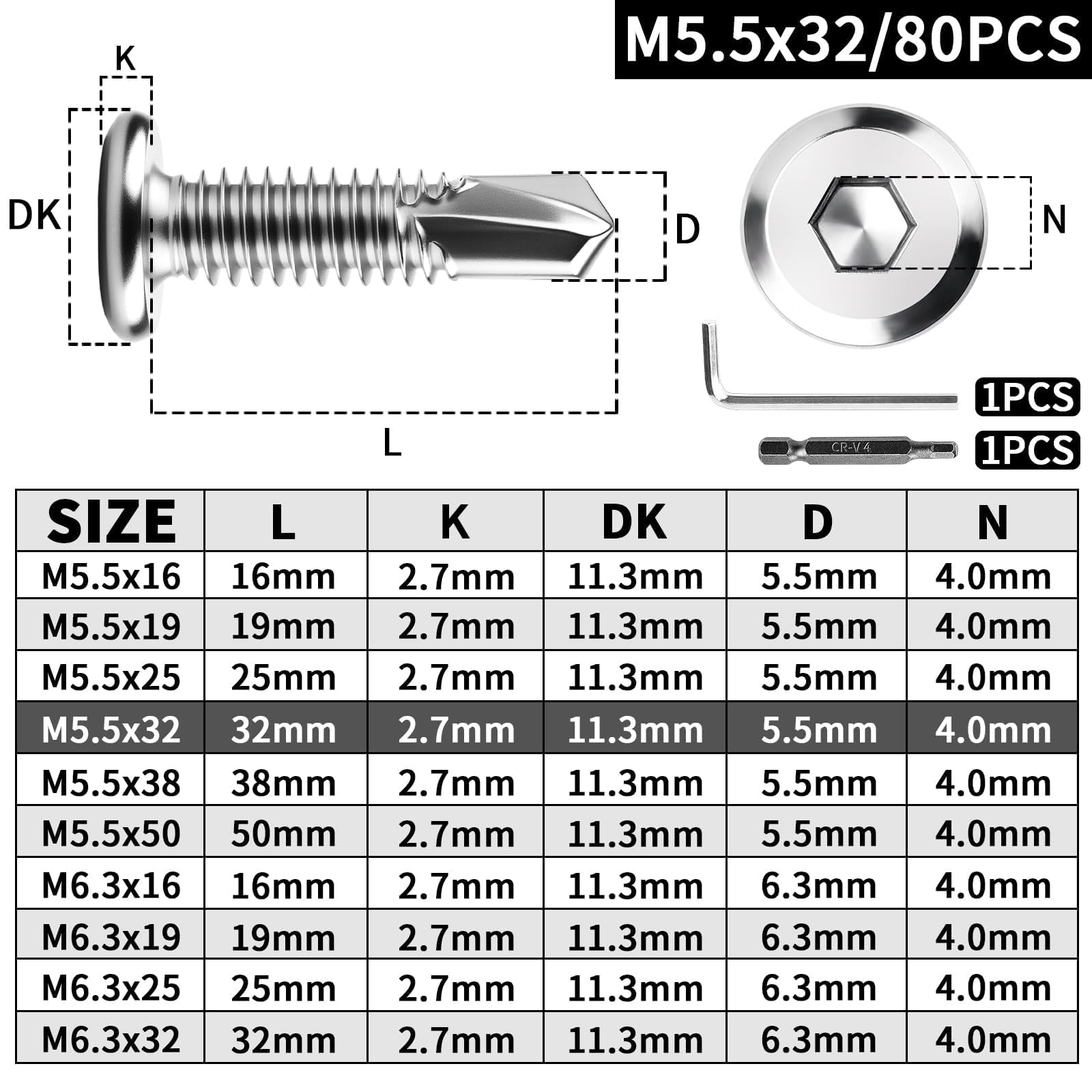 XRXYMQ 80 Pcs Self Drilling Screws M5.5 x 32 mm Self Tapping Screws Metal Flat Head Stainless Steel Screw Stainless Steel Tapping Screw For Plastics Wood Aluminum with spanner - Image 2