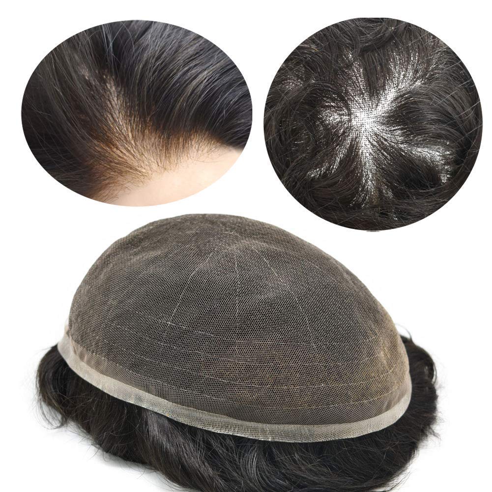 Super Thin Full French Lace Mens Toupee Soft Swiss Lace Hairpieces Remy Human Hair Repalcement Bleached Knots Transparent Lace Hair System All-Color Wigs(8"x10", #230 Darkest Brown+30%Gray-120%Light to Medium)