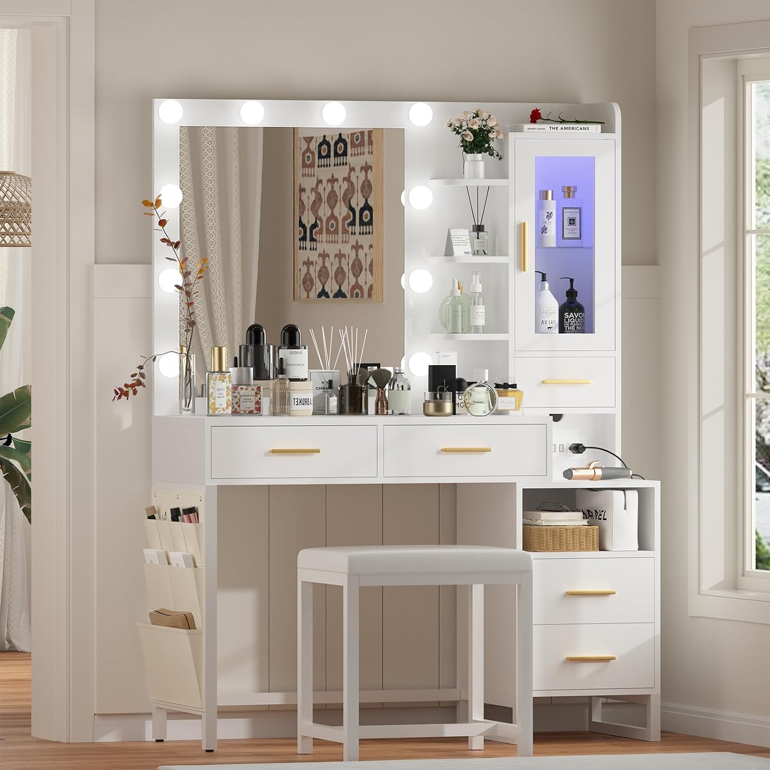 YOURLITE Vanity Desk With Mirror And Lights, Makeup Vanity With 5 Drawers & Sliding Mirror White 3 Modes Adjustable Lighted Power Outlet