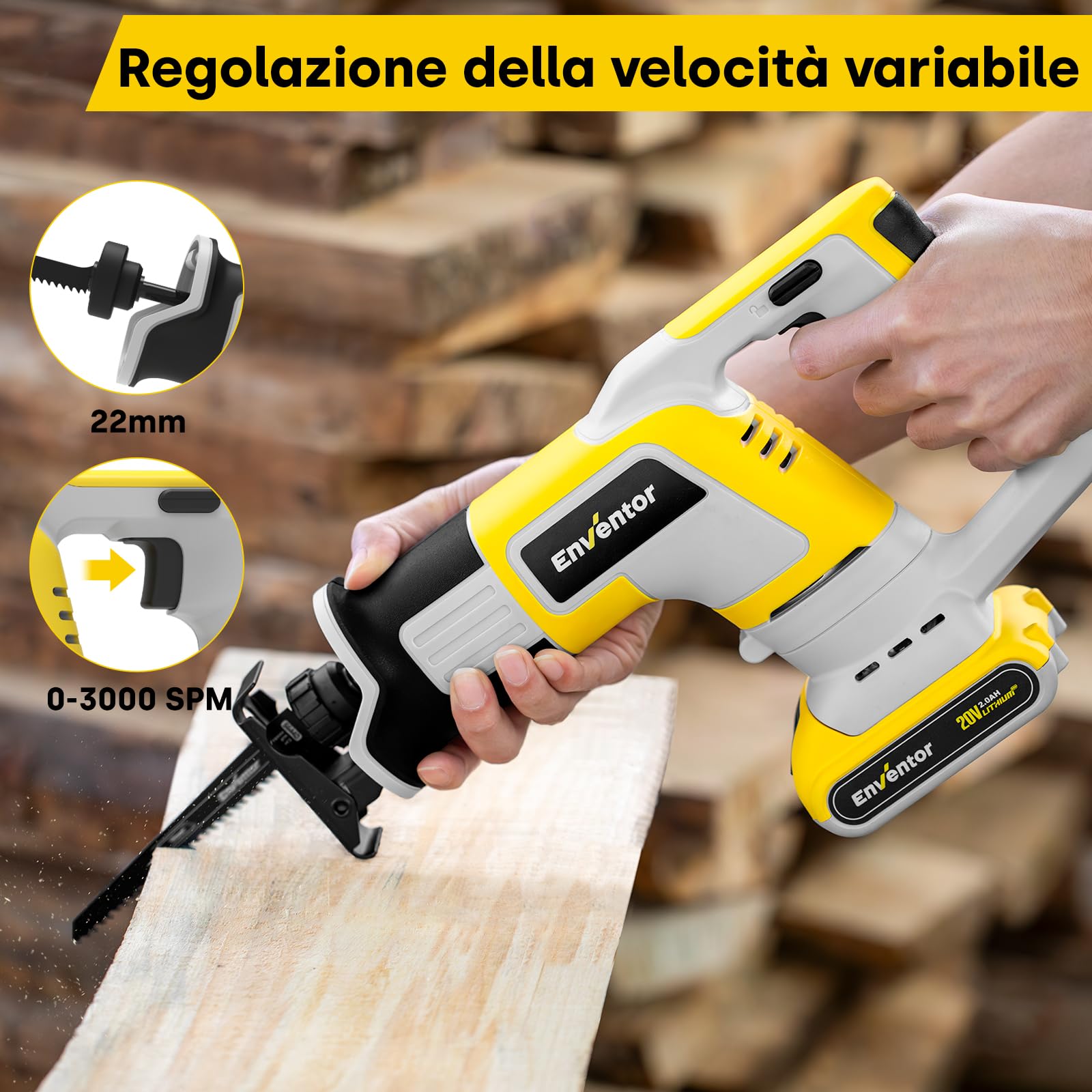 Enventor 20V Gattuccio a Batteria, Sega a Gattuccio con 2x2.0Ah Batterie, 5 Lame, Velocità Variabile 0-3000SPM, Taglio Massimo 115mm, Per il Taglio di Legno e Metallo