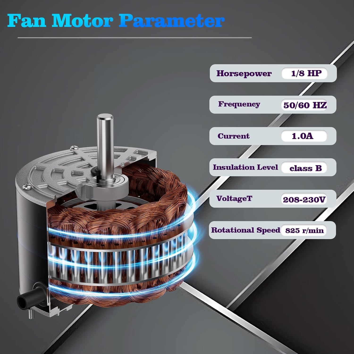 5KCP39GGV570S Condenser Fan Motor, 1/8 HP 208/230V 825 RPM, Replace #. MOT18688 MOT12215 MOT12004 MOT10514 5KCP39BGV440BS 5KCP39KFUA99S 5KCP39GFAB23S