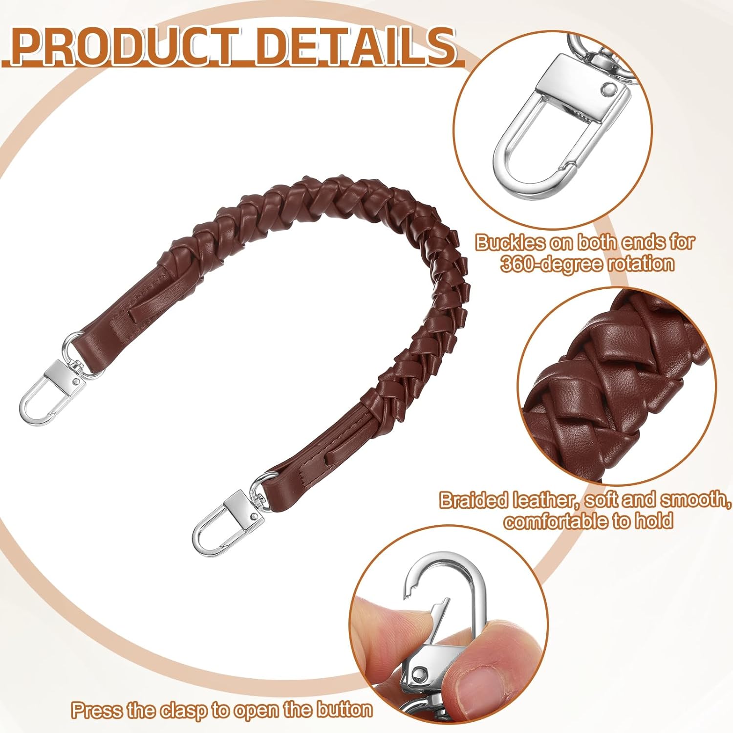 uxcell Braided Purse Strap, 1Pc 44.7cm/17.6" Brown PU Leather Replacement Handle, Short Handbag Strap Top Braided Handle with Silver Buckles for Underarm Bags, Handbags, Bucket Bags - Image 3