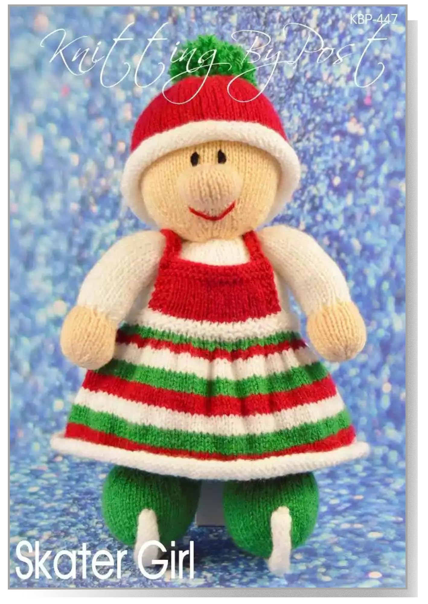 Knitting By Post Girls Cream, Green, Red, White Knitting Pattern Skater From Our Festive Ice Skating Doll Is Ready To Be Knit In White, Red And Green