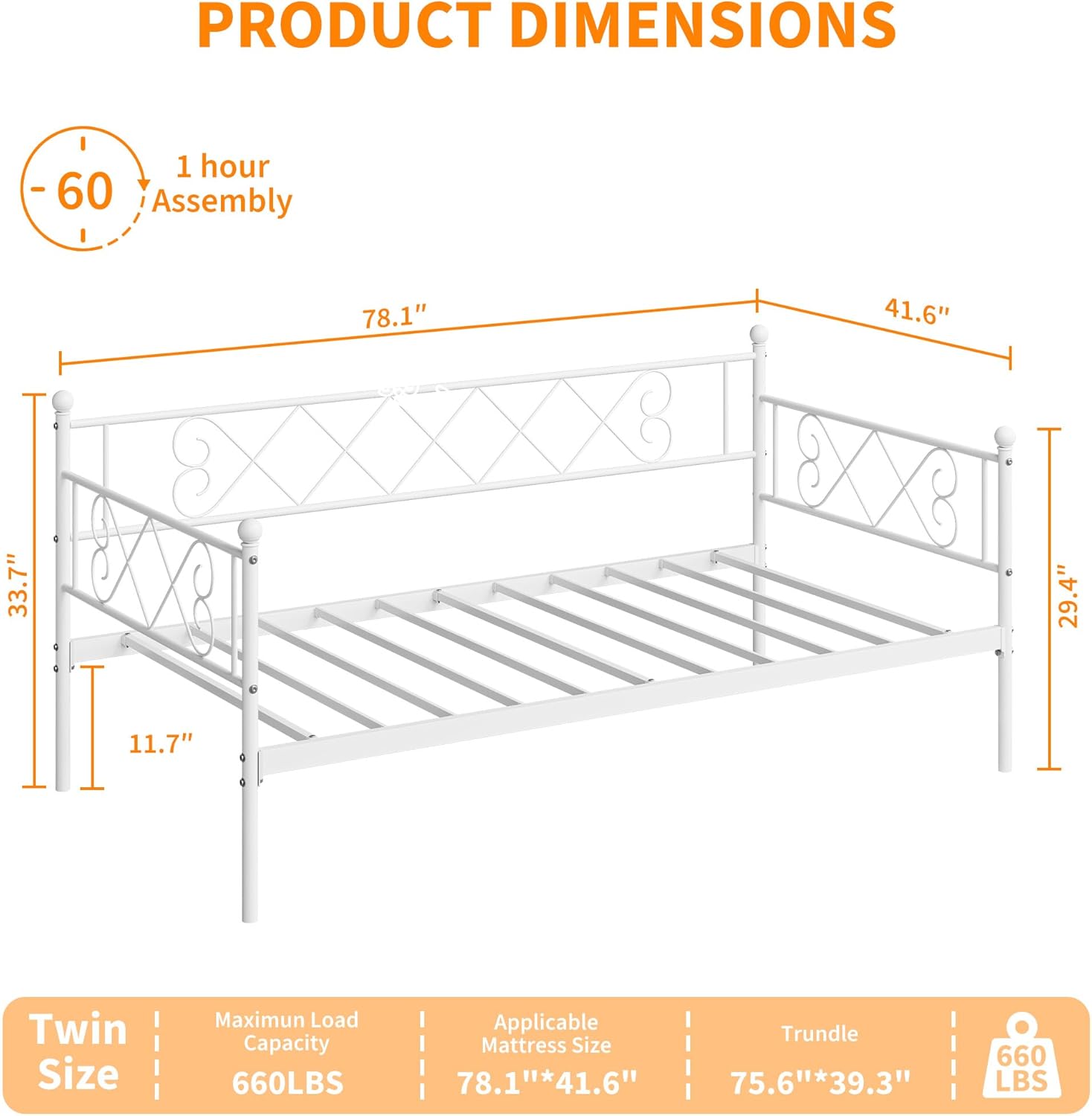 GarveeHome Twin Metal Daybed Without Trundle, Premium Steel Slat Support, Space Saving Trundle Sofa Bed for Living Room, Bedroom and Guest Room, White