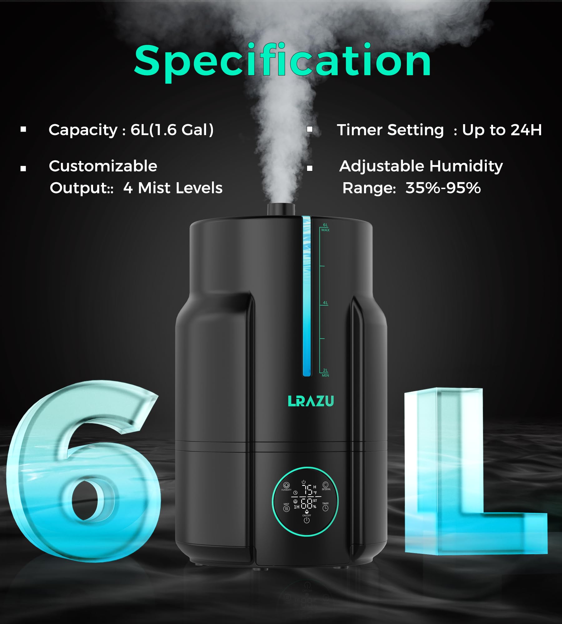 Nawilżacz do gadów 6 l/1,6 g, system misting dla gadów z przedłużonym wężem do kierowania, 400 ml/h, nawilżacz powietrza z precyzyjną sondą temperatury i wilgotności do namiotu