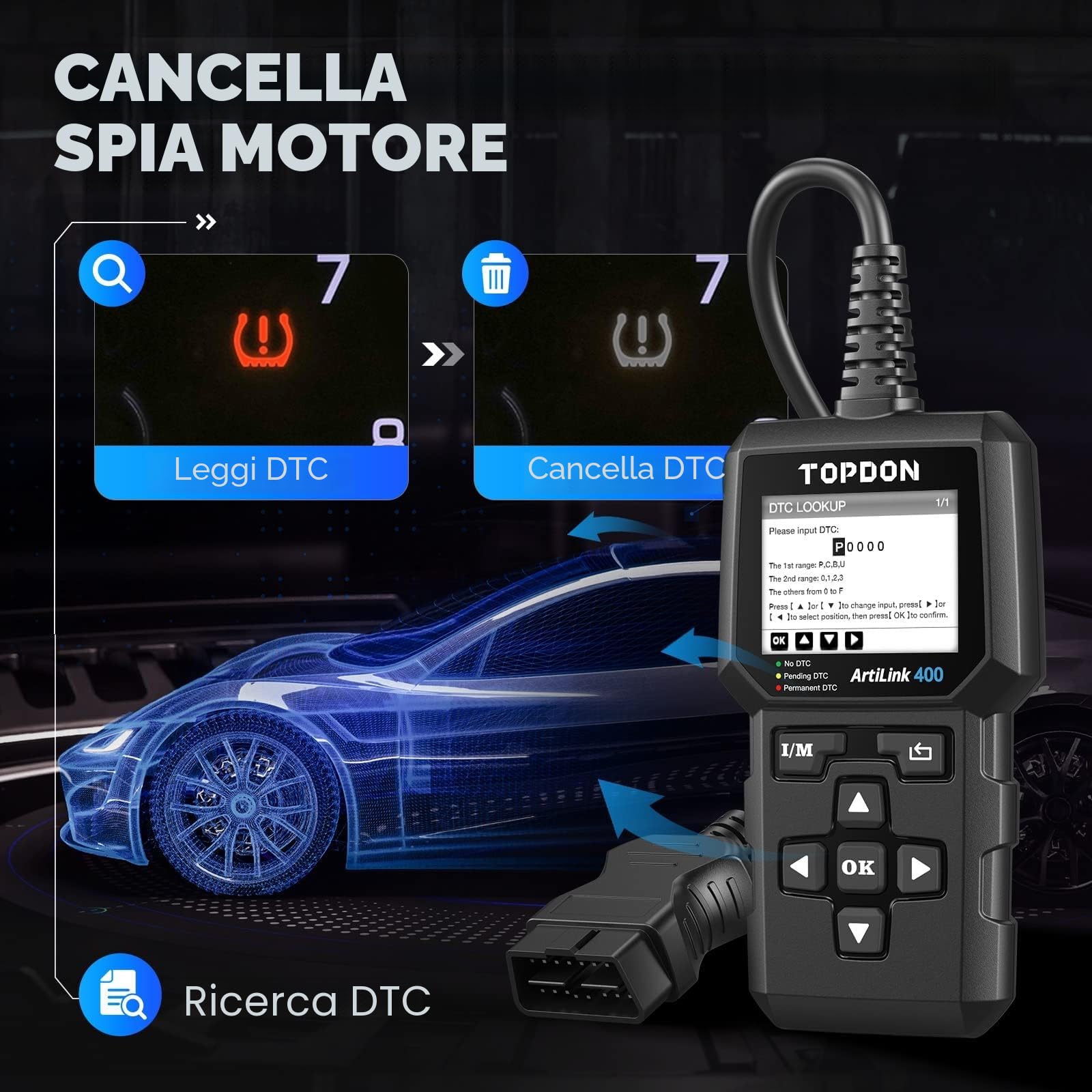 TOPDON Lettore di codici OBD2 AL400, 10 funzioni OBD2, spia del motore del controllo, test delle emissioni, test del sensore O2, EVAP, aggiornamento gratuito a vita