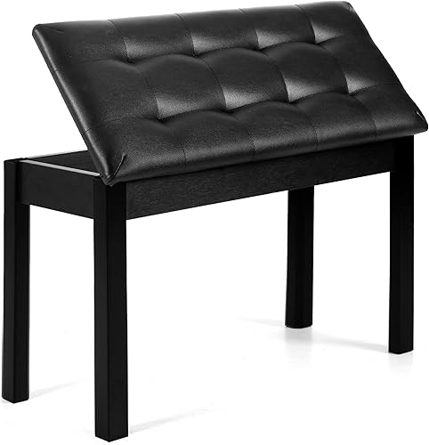 Silla de piano con taburete de almacenamiento y tapicería de madera con teclado de piano Duet, impermeable y antideslizante, color negro