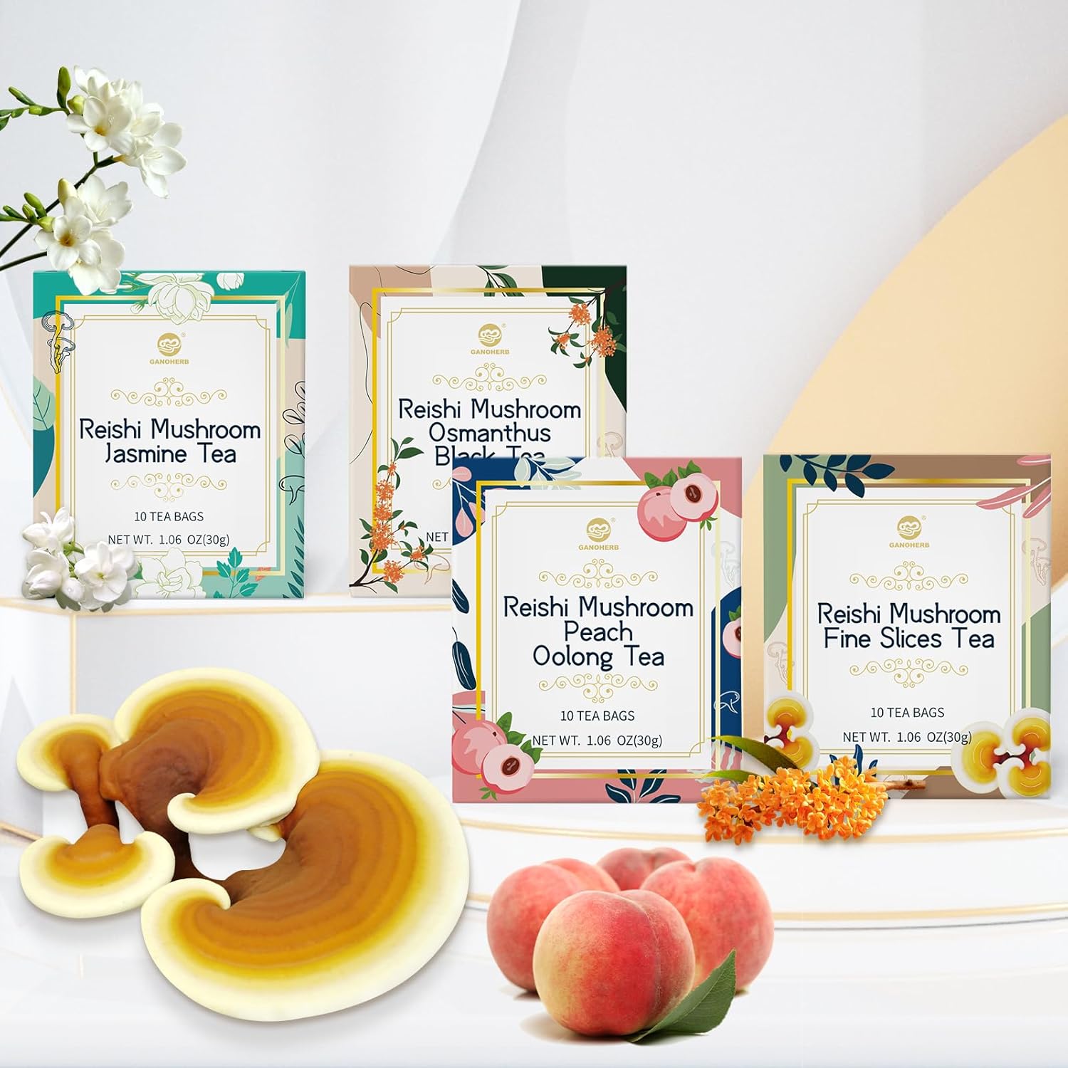 GANOHERB Reishi Mushroom Peach Oolong Tea, Adaptogen Ganoderma Lucidum Herbal Tea for Immune Health Boost, Stress Relief, Caffeine-Free, No Sugar, 1.06 OZ