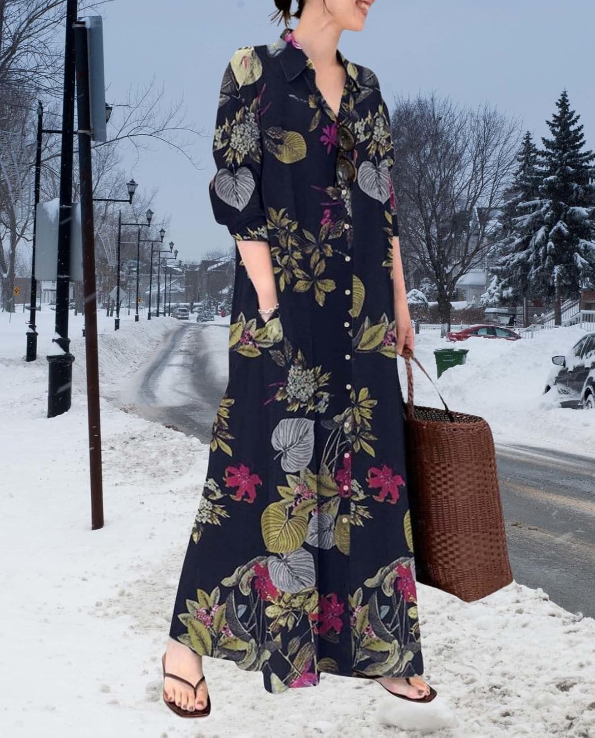 Womens Floral Print Linen Dress Long Sleeve Lapel Button Down Loose Fit Casul Maxi Dresses with Pockets Plus Size