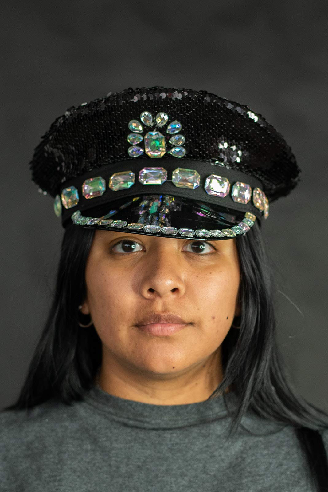 Nicky Bigs Novelties Adult Sequin Captain Rhinestone Hat - Police Festival Hats - Burning Disco Halloween Costume Accessory, Black, One Size