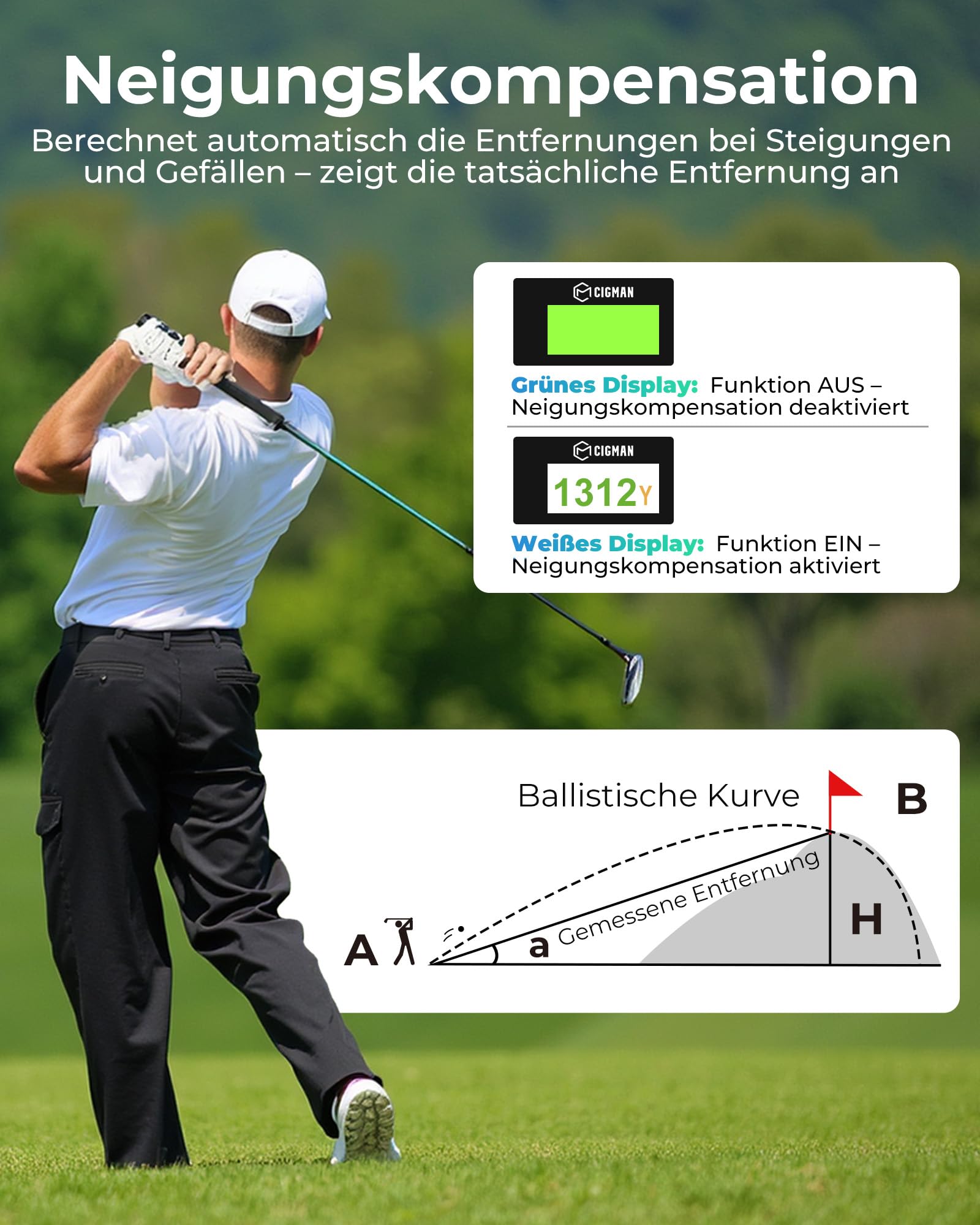 CIGMAN Laser Golf Entfernungsmesser 1200M mit Slope, ± 0,5m Genauigkeit Rangefinder mit Magnetstreifen, Externe Farbanzeige, Flaggensperre, ± 1m Genauigkei, 6X Vergrößerung, Ideales Golfzubehör