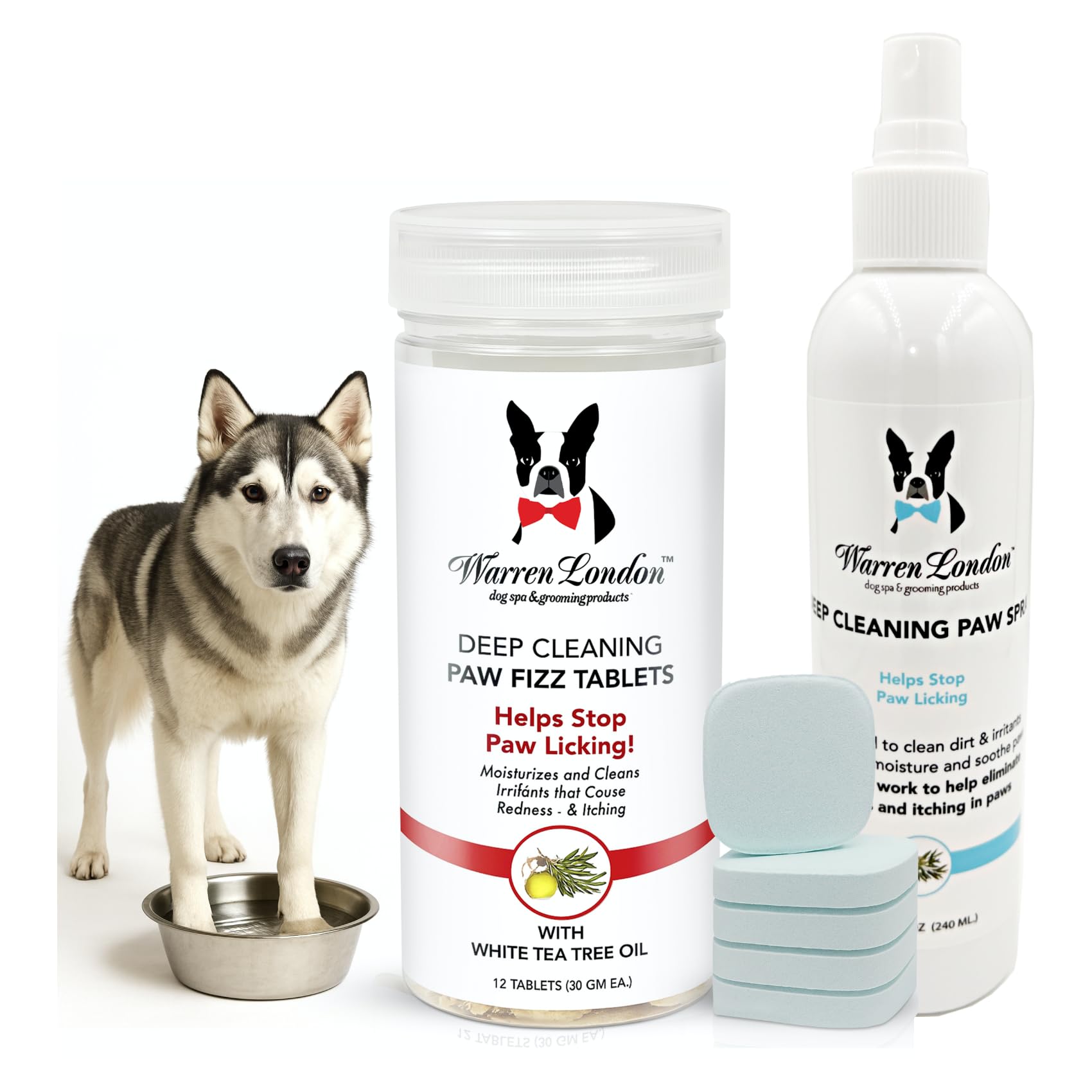 Warren London Deep Cleaning Paw Soak & Spray Combo | Soothes Itchy Paws with Seaweed, Tea Tree Oil & Aloe Vera | Anti-Lick Treatment | 12 Tablets +