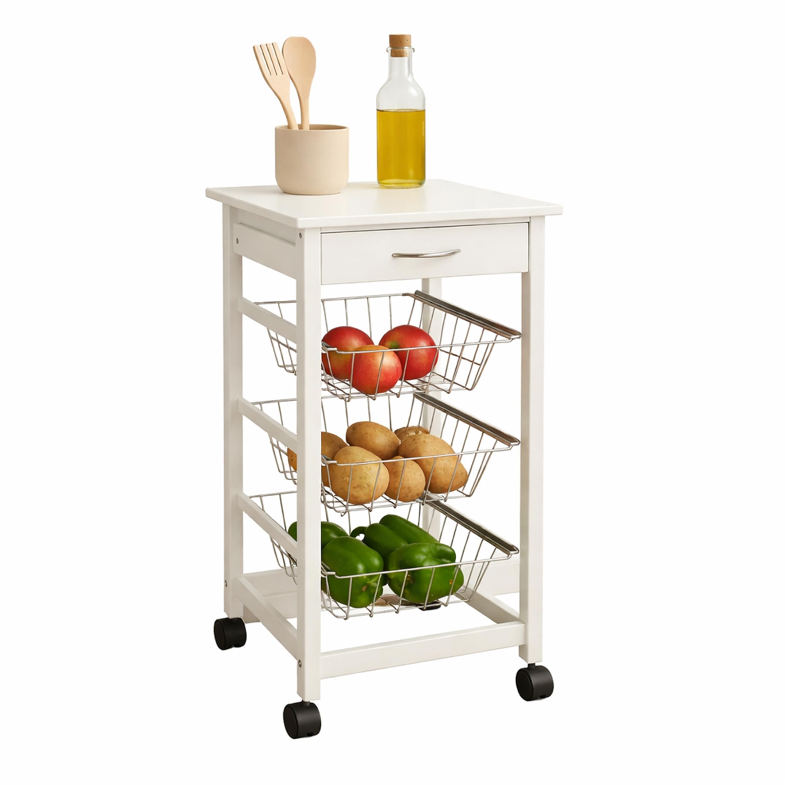 Premier White Housewares Kitchen Trolley Kitchen Trolleys With Wheels Wire Basket Vegetable Rack Trolley Narrow Kitchen Trolley 4 Wheel Trolley Cart