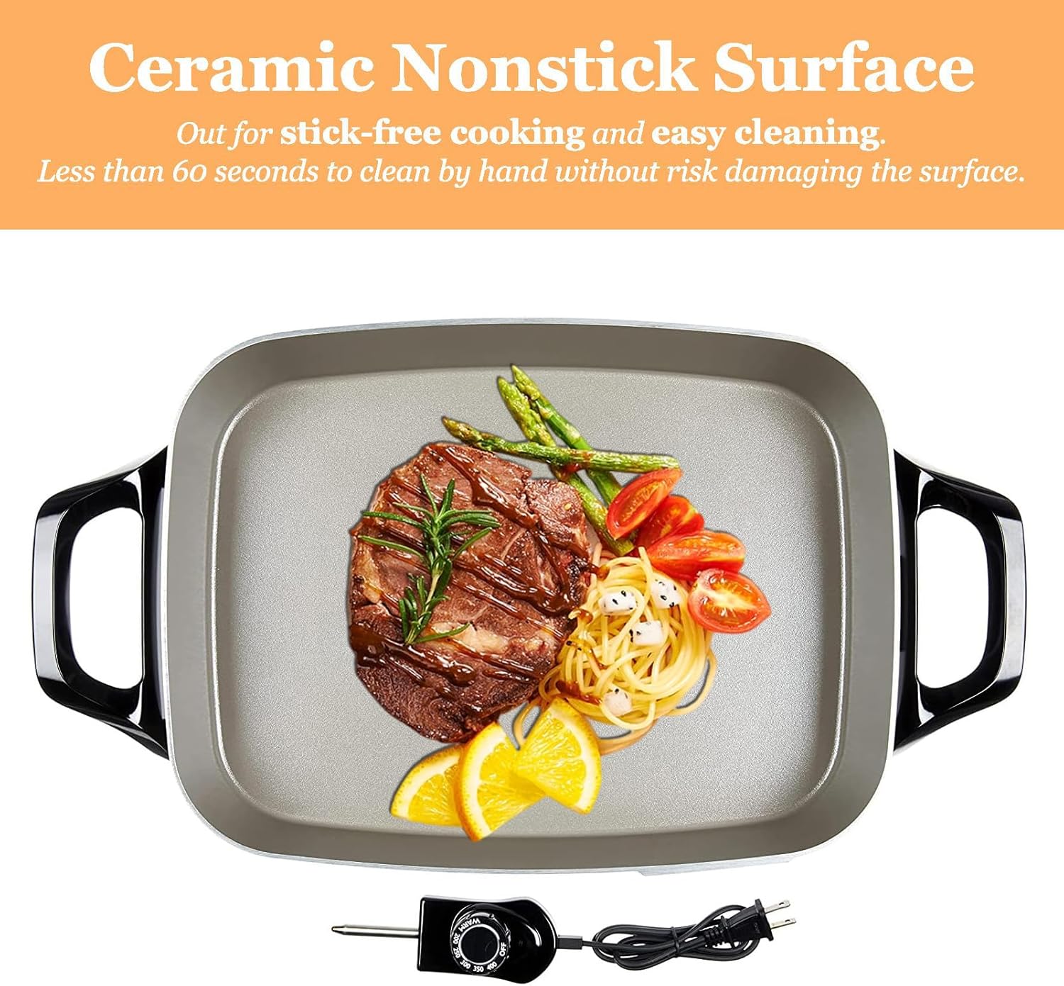 16" Grey Ceramic Electric Skillet - Roast fry grill stew bake make casseroles and more