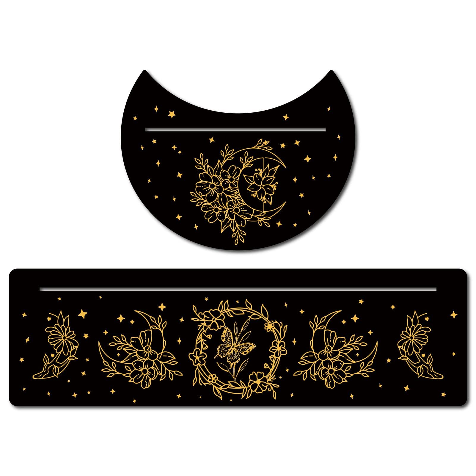 GORGECRAFT 2 Pieces Wooden Tarot Card Stand Black Tarot Card Holder 5" Moon Shape and 10" Rectangle Wood Tarot Cards Altar Stand Display Holder Witch Divination Ceremonial Tools, Moon with Flowers